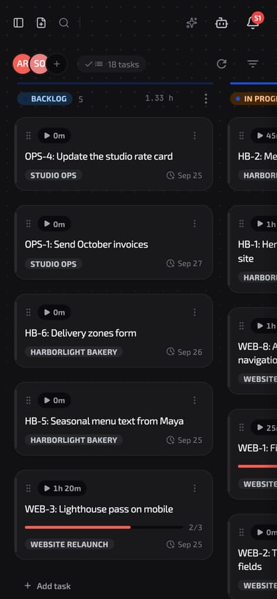 Board of Juniper Lane Studio in dark theme: Backlog, In progress, Review and Done columns with WEB, HB and OPS tasks, time on each card, persona avatar S on agent tasks.
