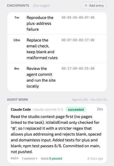 TMGR task WEB-1 in light theme. Checkpoints: 25m logged in three entries. Agent work: Claude Code, claude-sonnet-5-5, succeeded in 26s, branch main, 1 commit, tests 6 passed. Header reads Agents 26s, You 25m 0s.