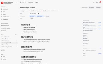 Meeting page Harborlight kickoff with participants and action items.