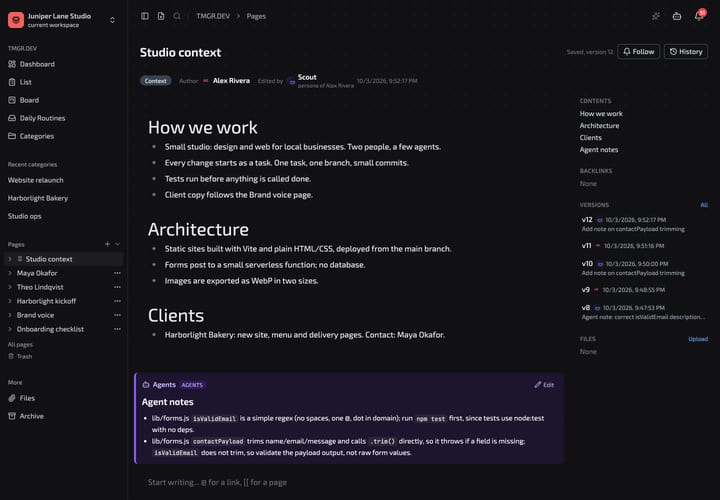 Studio context page: How we work, Architecture, Clients, and an Agents block with Agent notes written by persona Scout. Sidebar shows version history v8 to v12.