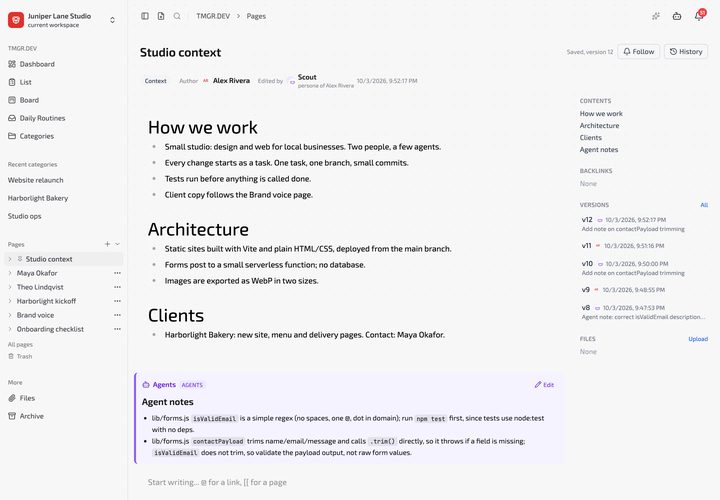Studio context page: How we work, Architecture, Clients, and an Agents block with Agent notes written by persona Scout. Sidebar shows version history v8 to v12.